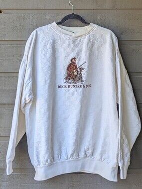 VTG 80s Benchmark Duck Hunter & Dog Embroidered Checkered Sweatshirt XL